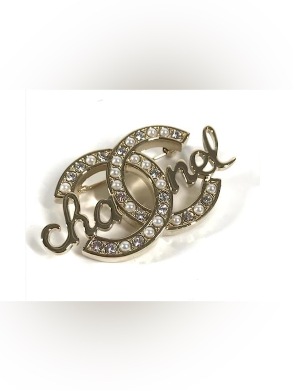 Gold-Tone Spell -Out Brooch with Faux Pearls and Crystal Accents